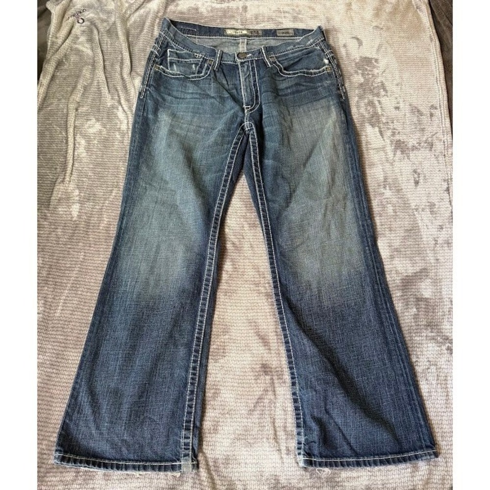 BKE Derek Denim Mens Jeans 32X30 Medium Wash Relaxed Wide Leg Thick Stitch Blue
